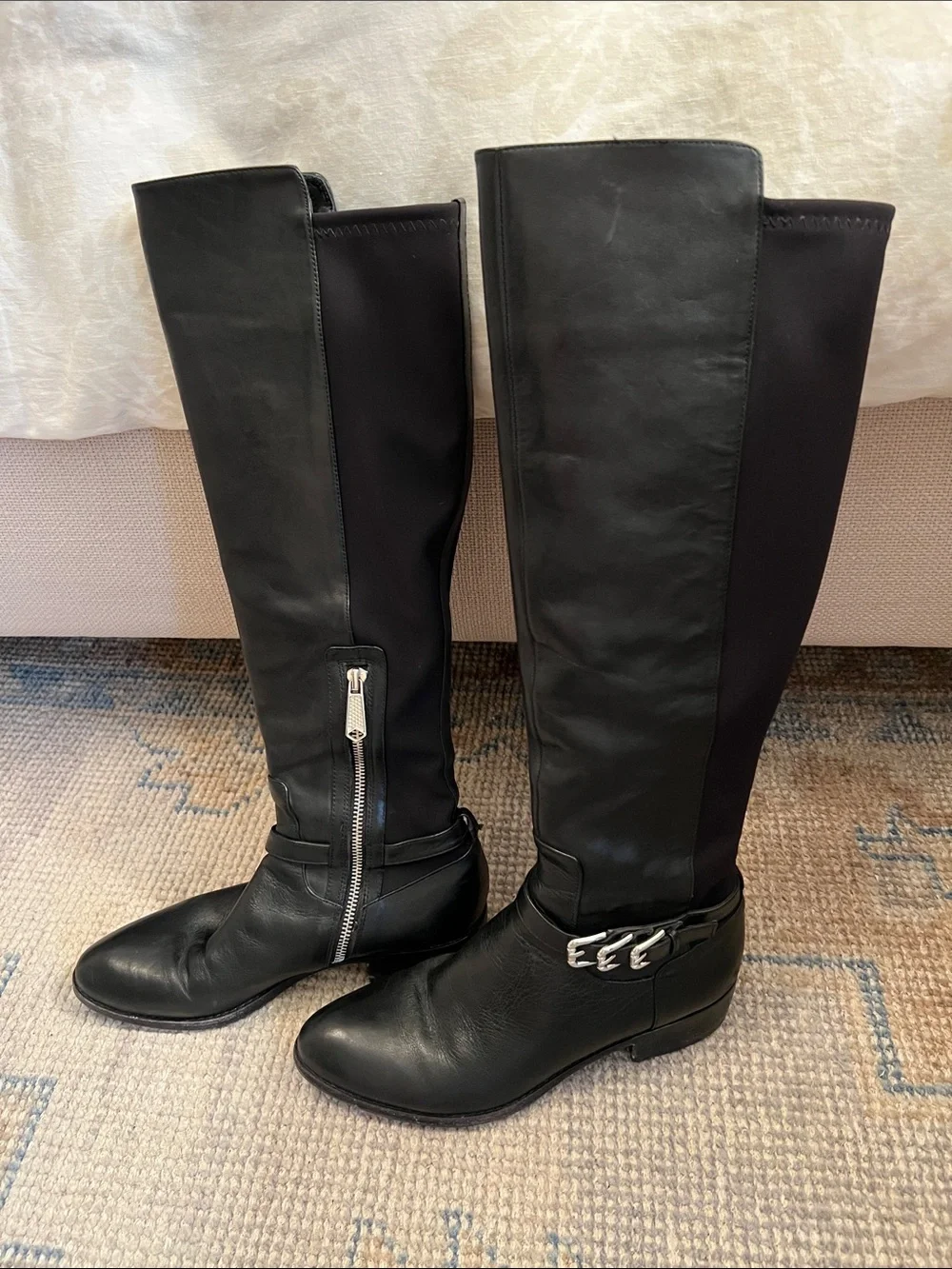 Donald J. Pliner Black Knee-High Leather Boots with Silver Buckle